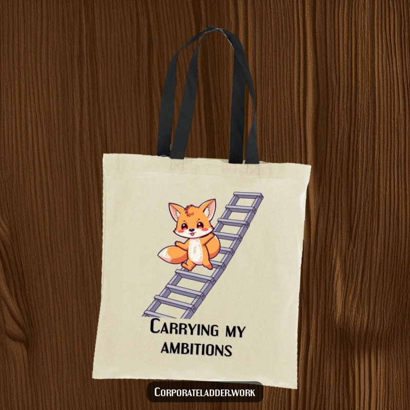 Funny fox tote bag, a playful fox leaping between corporate ladder levels, symbolizing ambition and wit.