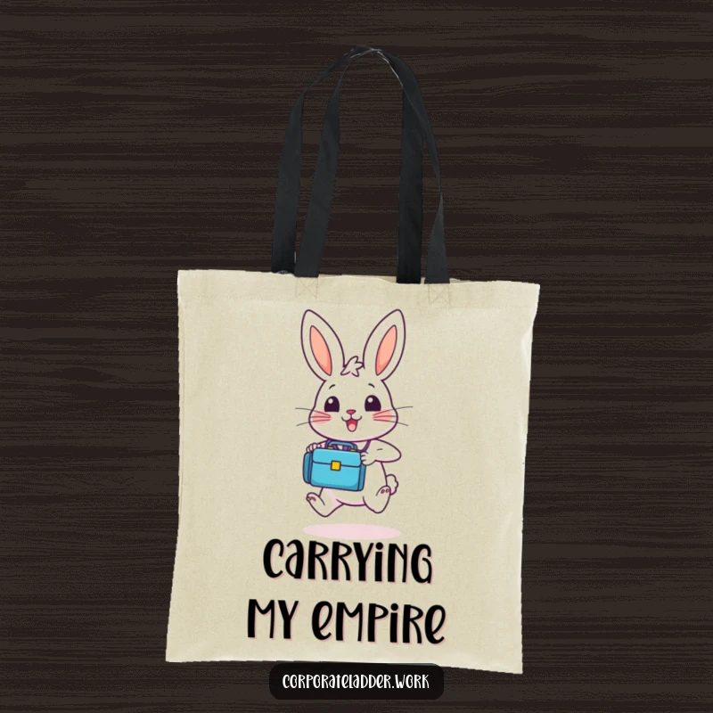 Funny bunny with a tiny briefcase, hopping upwards with great energy, featured on a tote bag for a humorous, motivational accessory.