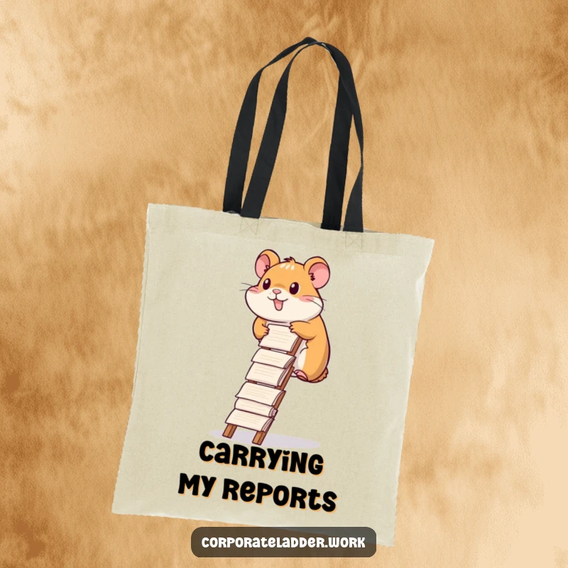 Funny hamster tote bag, a diligent hamster climbing a ladder of report papers, perfect for carrying essentials.
